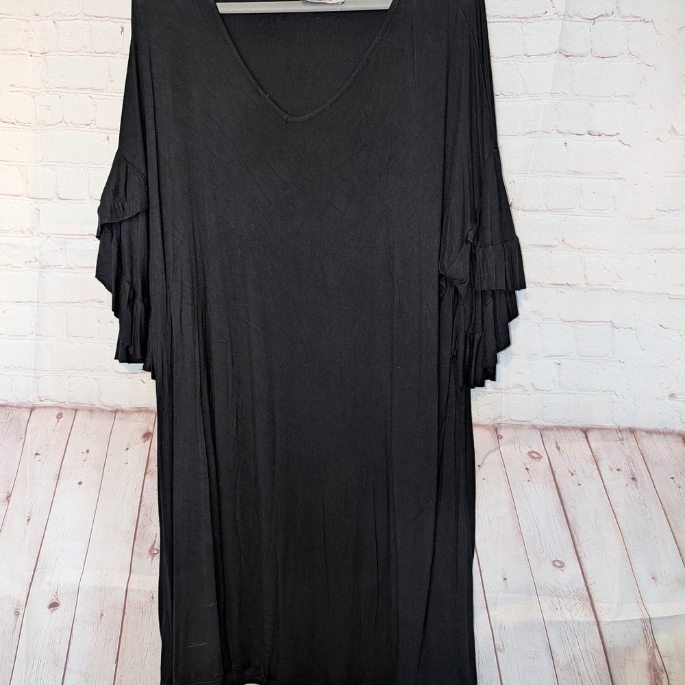 Black V-Neck Dress with Ruffled Sleeves